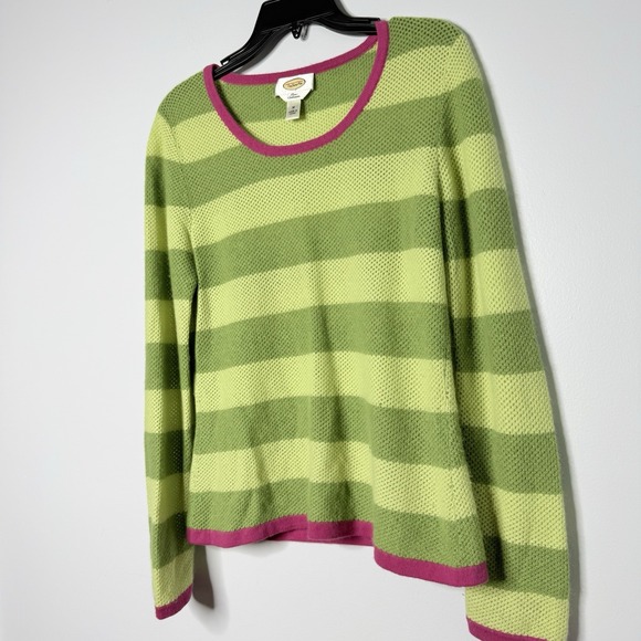 Talbots 100%Pure Cashmere Sweater Women's Sz M Green Striped Pink Trim Open Knit - Picture 4 of 14